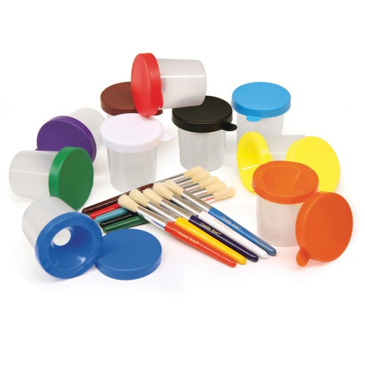 Creativity Street® Paint Cups with Brushes, 10 Assorted Colors, 7-1/4" Brushes & 3" Dia. Cups, 20 Pieces