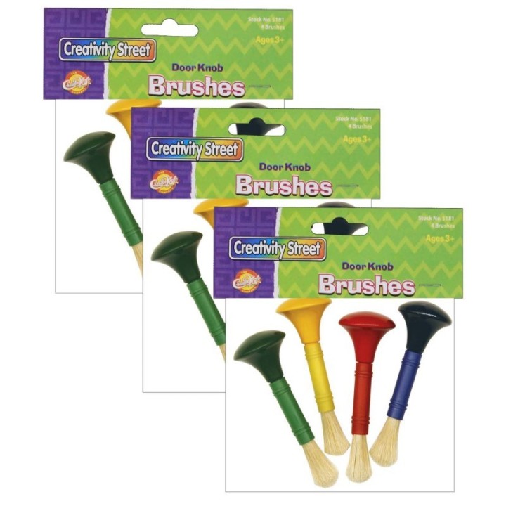 Creativity Street® Beginner Paint Brushes, Door Knob Handles, 4 Assorted Colors, 5" Long, 4 Brushes Per Pack, 3 Packs