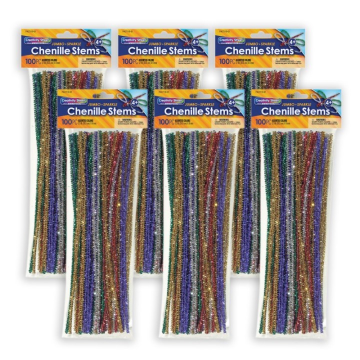 Creativity Street® Jumbo Sparkle Stems, Assorted Colors, 12" x 6 mm, 100 Per Pack, 6 Packs