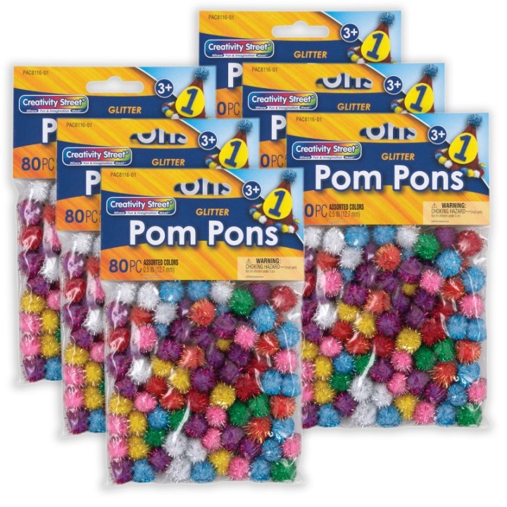 Creativity Street® Glitter Pom Pons, Assorted Colors, 1/2", 80 Per Pack, 6 Packs