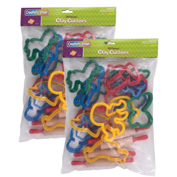 Creativity Street® Jumbo Dough & Clay Cutter Set with Rolling Pin, Assorted Shapes, Approx. 4", 20 Pieces Per Set, 2 Sets