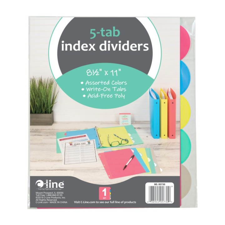 C-Line® 5-Tab Poly Binder Index Dividers, Assorted, 5/Set