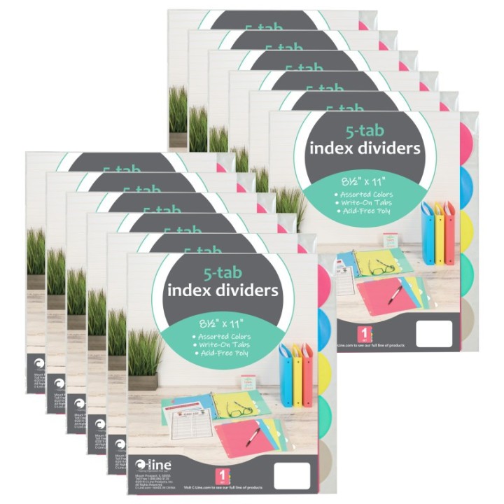 C-Line® 5-Tab Poly Binder Index Dividers, Assorted, 5 Per Set, 12 Sets