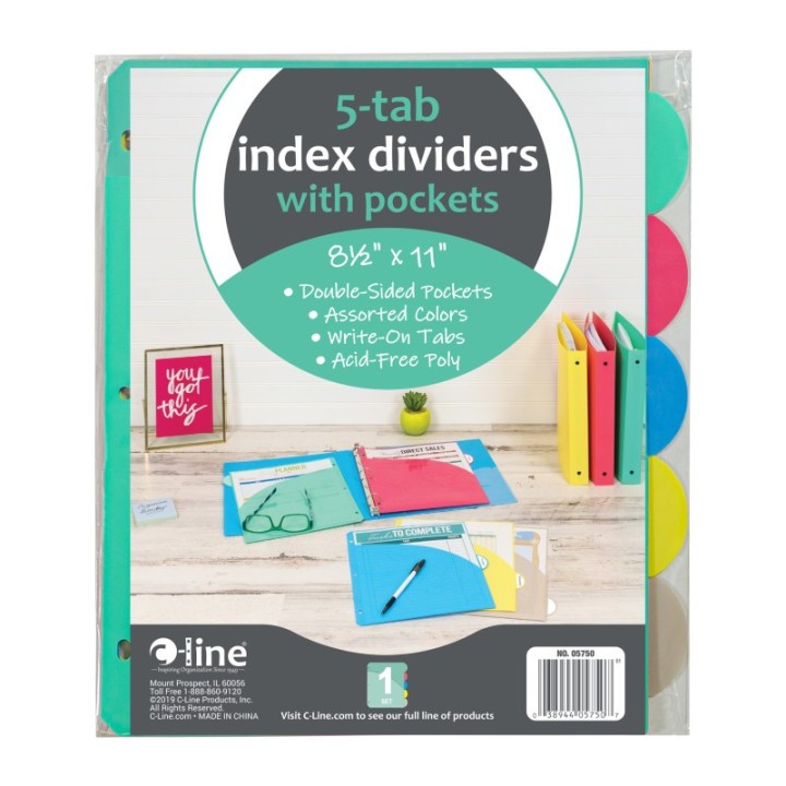 C-Line® 5-Tab Poly Index Dividers w/Slant Pocket, Asstd Colors