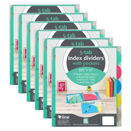 C-Line® 5-Tab Poly Index Dividers w/Slant Pocket, Assorted Colors, 5 Per Pack, 6 Packs