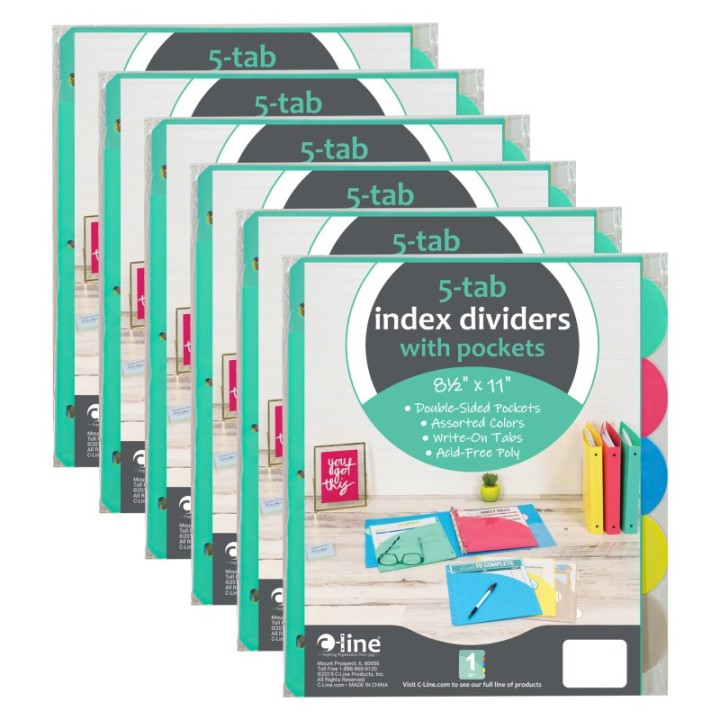 C-Line® 5-Tab Poly Index Dividers w/Slant Pocket, Assorted Colors, 5 Per Pack, 6 Packs
