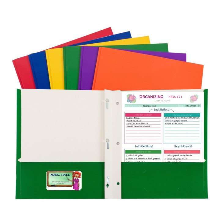 C-Line® 2-Pocket Laminated Paper Folder with Prongs, Assorted Primary Colors, Pack of 50