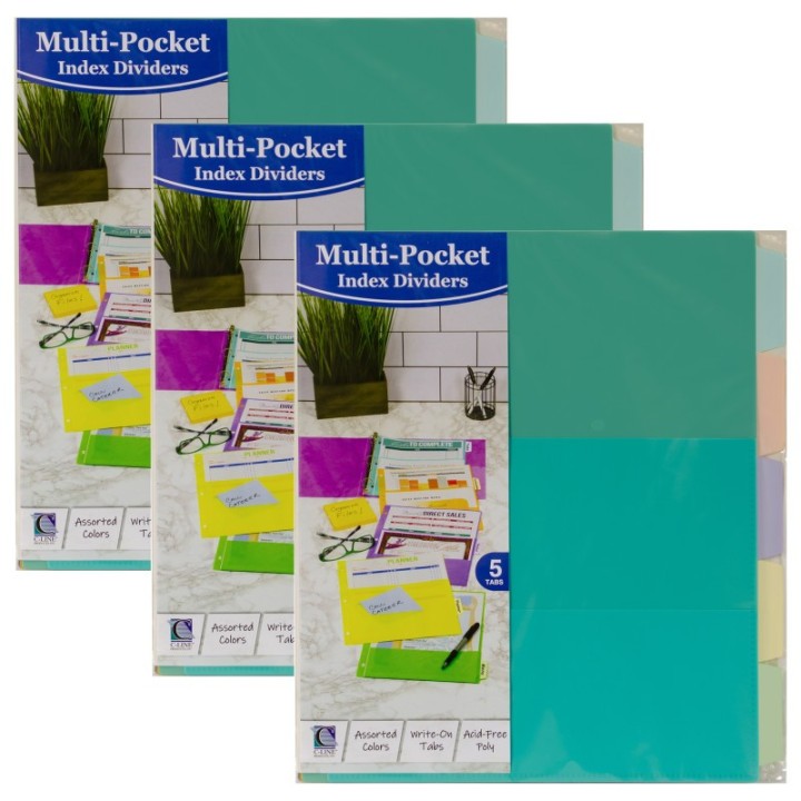 C-Line® 5-Tab Index Dividers with Multi-Pockets, Bright Color Assortment, 8-1/2 x 11, 3 Sets