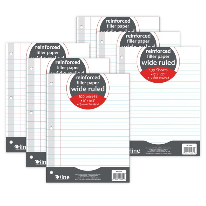 C-Line® Reinforced 3-Hole Punched, Filler Paper, Wide Rule, 10.5" x 8", 100 Sheets Per Pack, 6 Packs