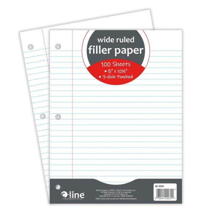 C-Line® Filler Paper, Wide Ruled, 8" x 10-1/2", White, 100 Sheets