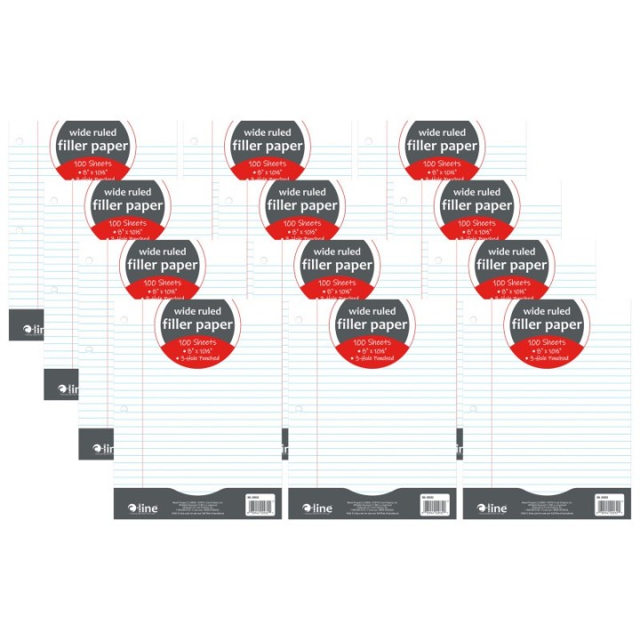 C-Line® Filler Paper, Wide Ruled, 8" x 10-1/2", White, 100 Sheets Per Pack, 12 Packs