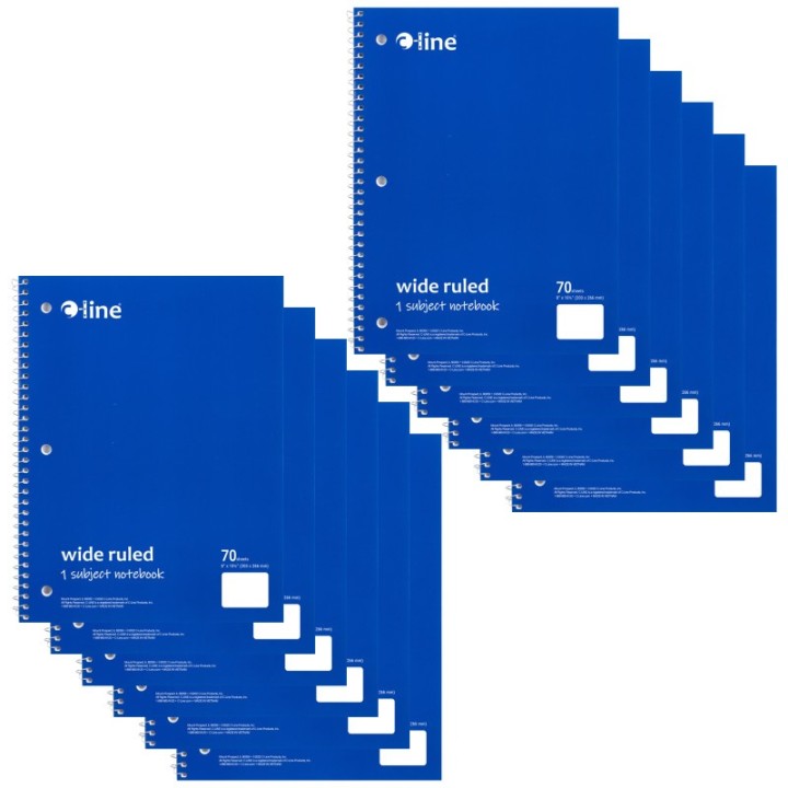 C-Line® 1-Subject Notebook, 70 Page, Wide Ruled, Blue, Pack of 12