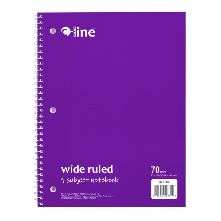 C-Line® 1-Subject Notebook, 70 Page, Wide Ruled, Purple