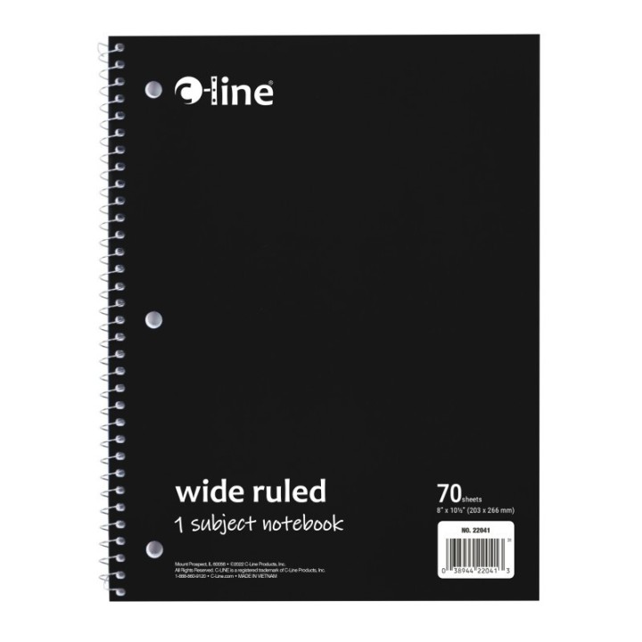 C-Line® 1-Subject Notebook, 70 Page, Wide Ruled, Black