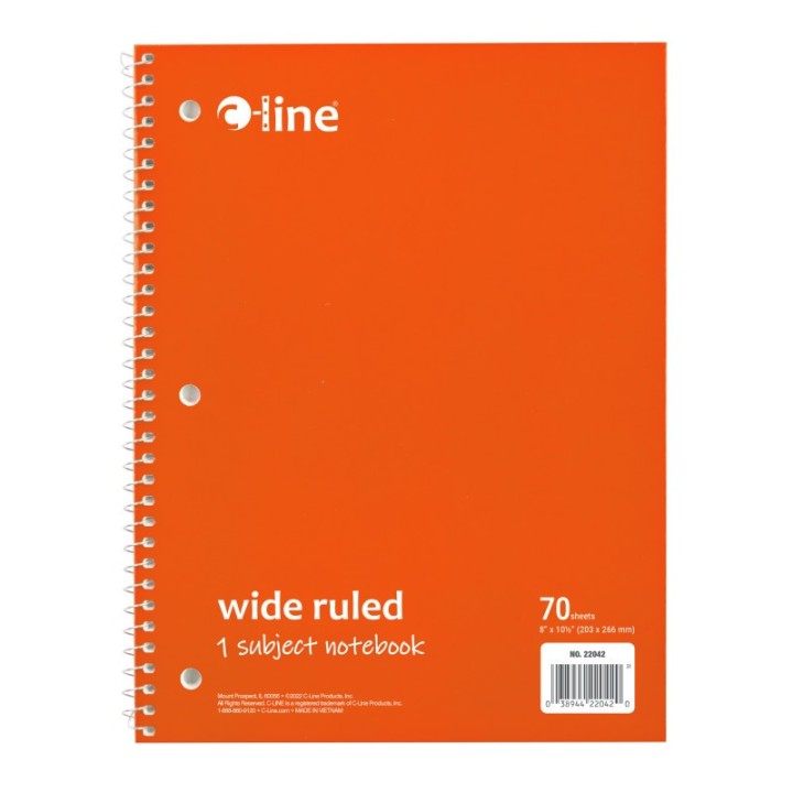 C-Line® 1-Subject Notebook, 70 Page, Wide Ruled, Orange