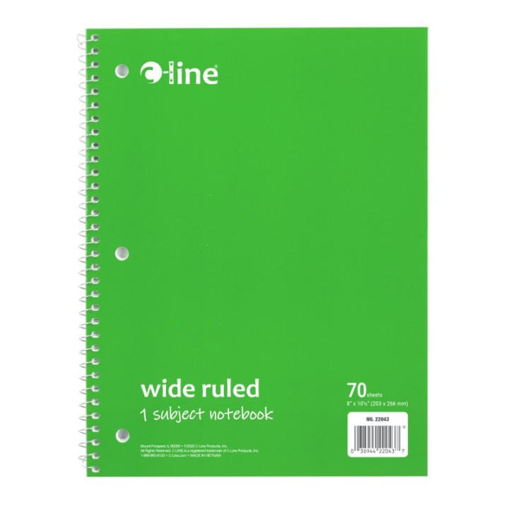 C-Line® 1-Subject Notebook, 70 Page, Wide Ruled, Green