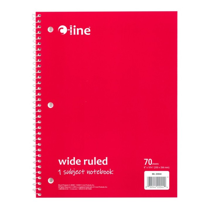 C-Line® 1-Subject Notebook, 70 Page, Wide Ruled, Red
