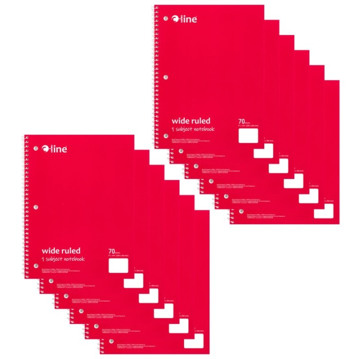C-Line® 1-Subject Notebook, 70 Page, Wide Ruled, Red, Pack of 12