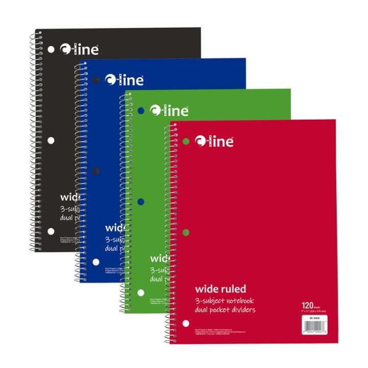 C-Line® 3-Subject Notebook, Wide Ruled, 120 Sheets, Assorted Colors