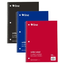 C-Line® 3-Subject Notebook, Wide Ruled, 120 Sheets, Assorted Colors, Pack of 3
