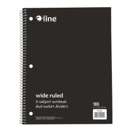 C-Line® 5-Subject Notebook, Wide Ruled, 180 Sheets, Assorted Colors