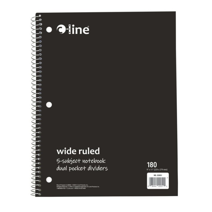 C-Line® 5-Subject Notebook, Wide Ruled, 180 Sheets, Assorted Colors