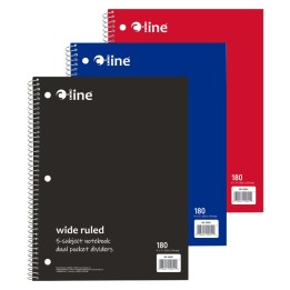 C-Line® 5-Subject Notebook, Wide Ruled, 180 Sheets, Assorted Colors, Pack of 3
