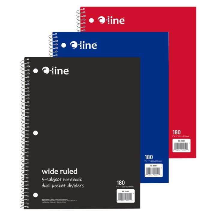 C-Line® 5-Subject Notebook, Wide Ruled, 180 Sheets, Assorted Colors, Pack of 3