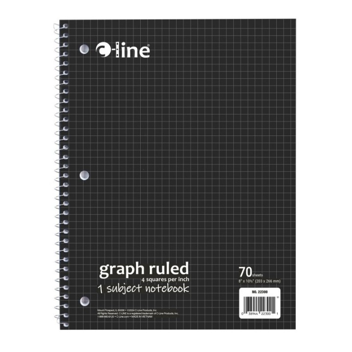 C-Line® 1-Subject Notebook, 4 x 4 Graph Ruled, Black