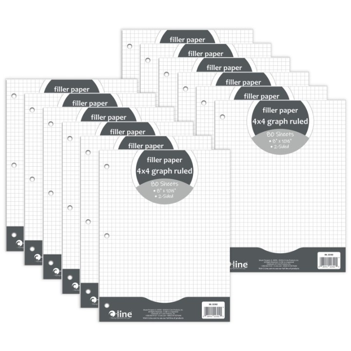 C-Line® Filler Paper, 4 x 4 Graph Ruled, White, 80 Sheets Per Pack, 12 Packs