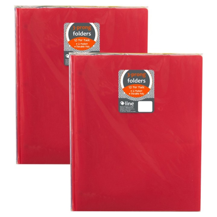 C-Line® Two-Pocket Heavyweight Poly Portfolio Folder with Prongs, Assorted Primary Colors, 10 Per Pack, 2 Packs