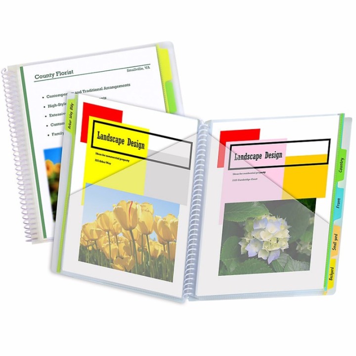 C-Line® 10-Pocket Poly Portfolio with Write-On Index Tabs, Spiral Bound, 5-Tab, Clear with Assorted Color Tabs