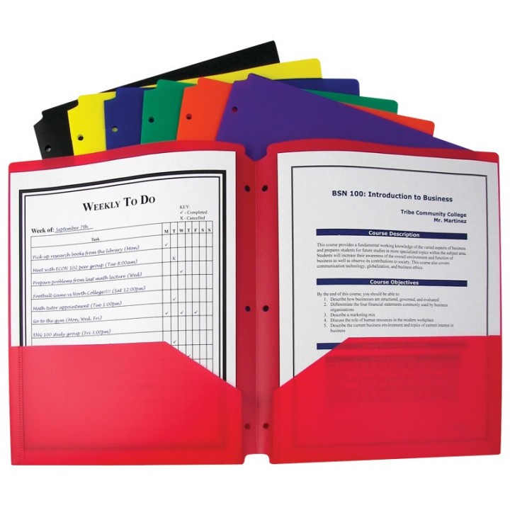 C-Line® Two-Pocket Heavyweight Poly Portfolio Folder with Three-Hole Punch, Primary Colors, Box of 36
