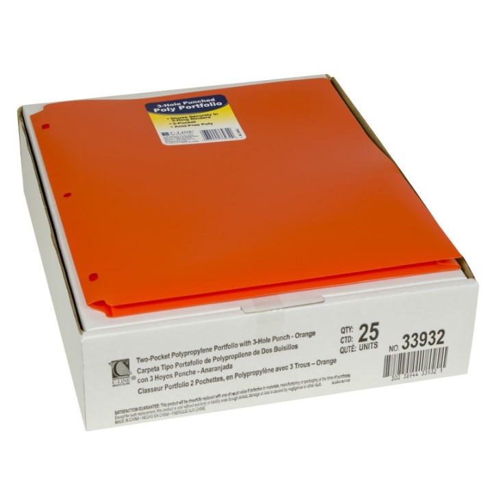 C-Line® Two-Pocket Heavyweight Poly Portfolio Folder with Three-Hole Punch, Orange, Pack of 25