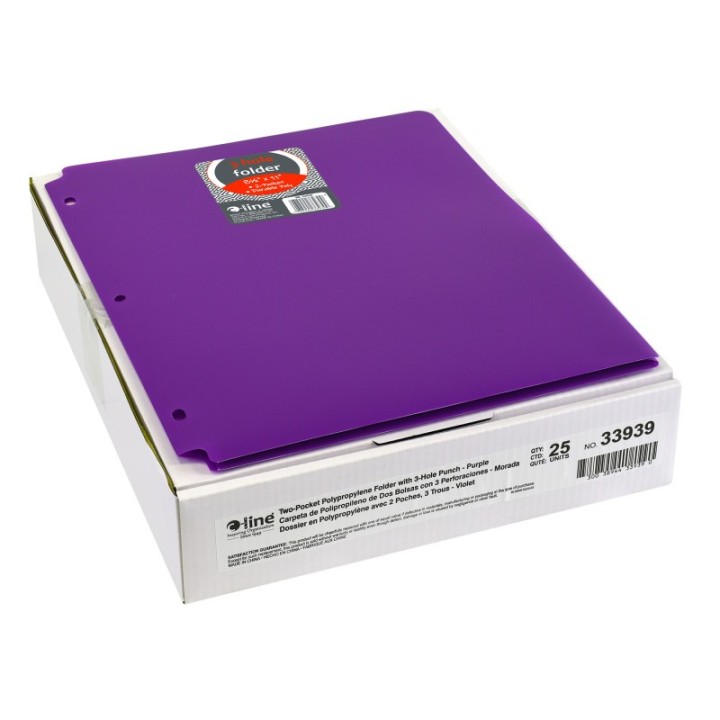 C-Line® Two-Pocket Heavyweight Poly Portfolio Folder with Three-Hole Punch, Purple, Pack of 25