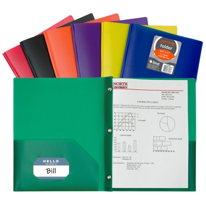 C-Line® Two-Pocket Heavyweight Poly Portfolio Folder with Prongs, Assorted Primary Colors, Pack of 36