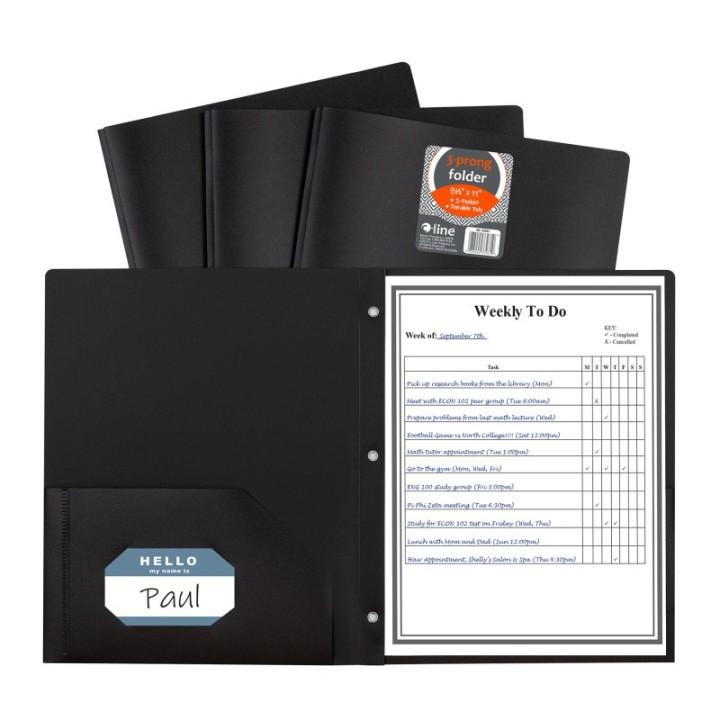 C-Line® Two-Pocket Heavyweight Poly Portfolio Folder with Prongs, Black, 1 Each