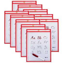 C-Line® Reusable Dry Erase Pocket - Study Aid, Neon Red, 9" x 12", Pack of 10