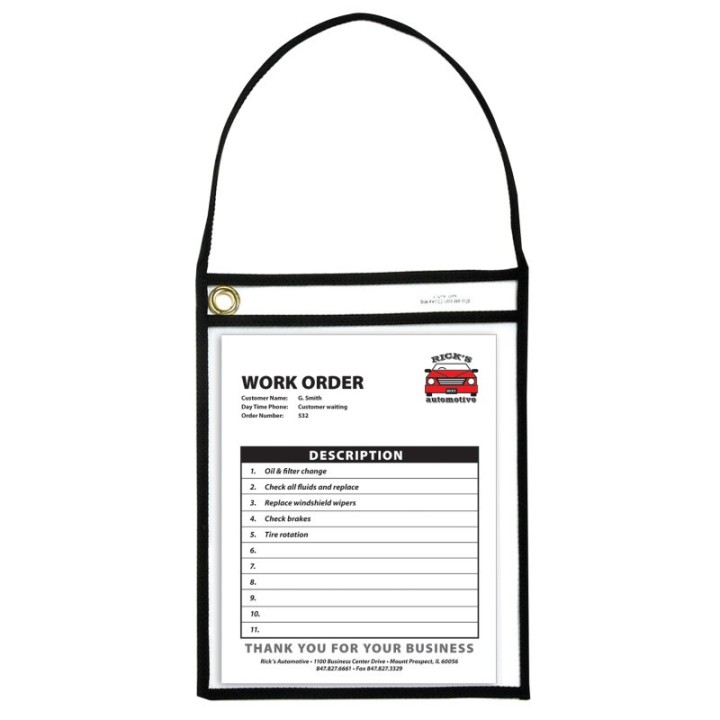 C-Line® Shop Ticket Holder With Strap, Black, Stitched, Both Sides Clear, 9" x 12", Box of 15