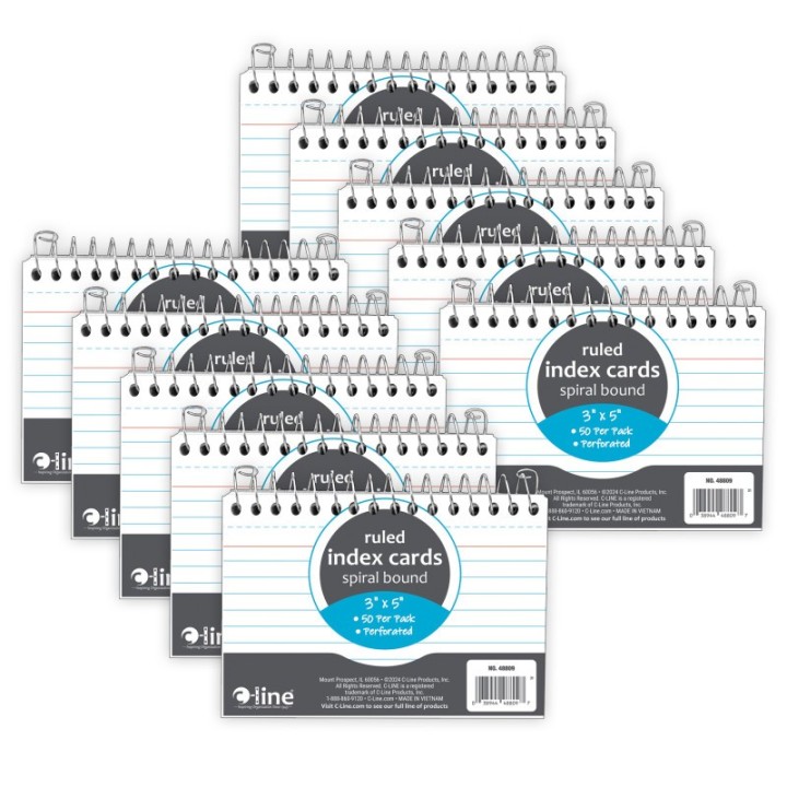 C-Line® Spiral Bound Index Card Notebook, 3" x 5", 50 Cards, Ruled, Pack of 10