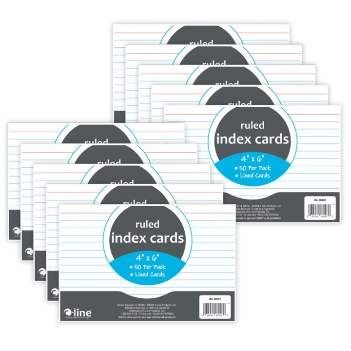 C-Line® Index Cards, 4" x 6", White, Ruled, 50 Per Pack, 10 Packs