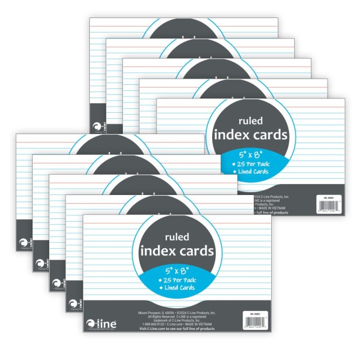 C-Line® Index Cards, 5" x 8", White, Ruled, 25 Per Pack, 10 Packs
