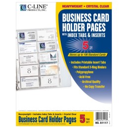 C-Line® Business Card Holder, Poly with Tabs, Holds 20 Cards/Page, 11" x 8-1/2", Pack of 5