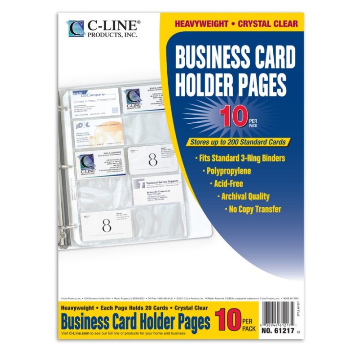C-Line® Business Card Holder, Poly without Tabs, Holds 20 Cards/Page, 11-1/4 x 8-1/8, Pack of 10