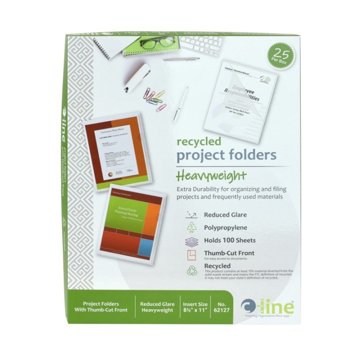 C-Line® Recycled Poly Project Folders, Clear, Reduced Glare, 11" x 8-1/2", Box of 25