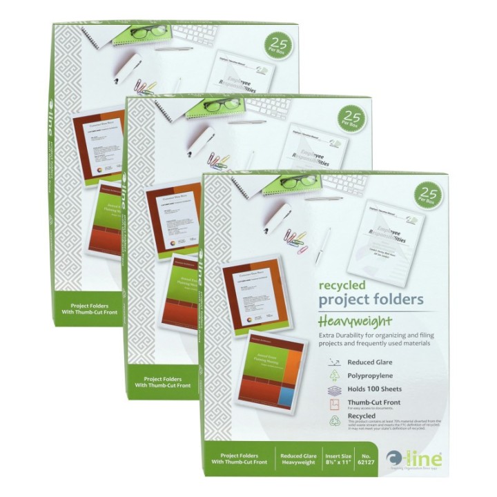 C-Line® Recycled Poly Project Folders, Clear, Reduced Glare, 11" x 8-1/2", 25 Per Box, 3 Boxes