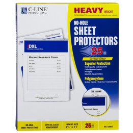 C-Line® No-Hole Heavyweight Poly Sheet Protectors, Clear, Top Loading, 11" x 8-1/2", Box of 25