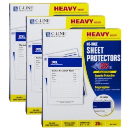 C-Line® No-Hole Heavyweight Poly Sheet Protectors, Clear, Top Loading, 11" x 8-1/2", 25 Per Box, 3 Boxes