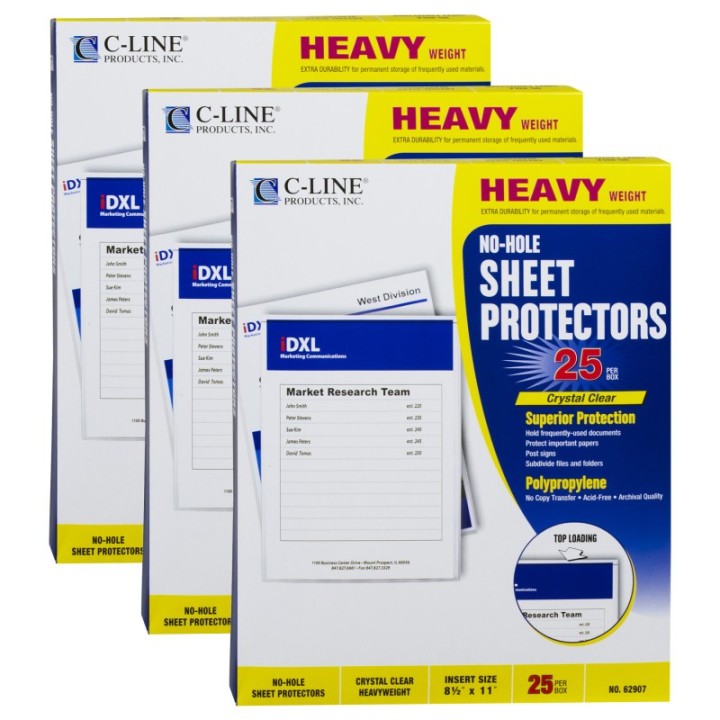 C-Line® No-Hole Heavyweight Poly Sheet Protectors, Clear, Top Loading, 11" x 8-1/2", 25 Per Box, 3 Boxes
