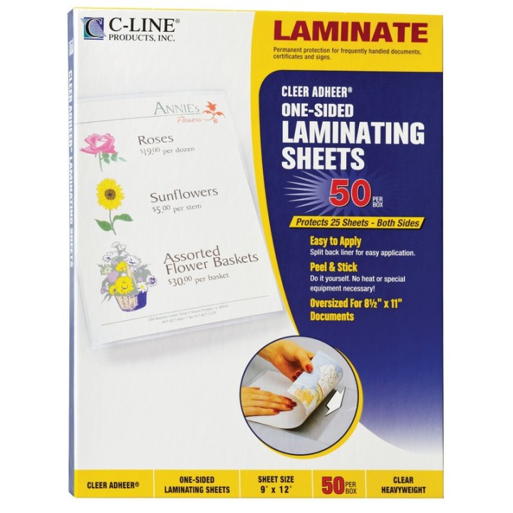 C-Line® Heavyweight Cleer Adheer® Laminating Sheets, Clear, 9" x 12", Box of 50
